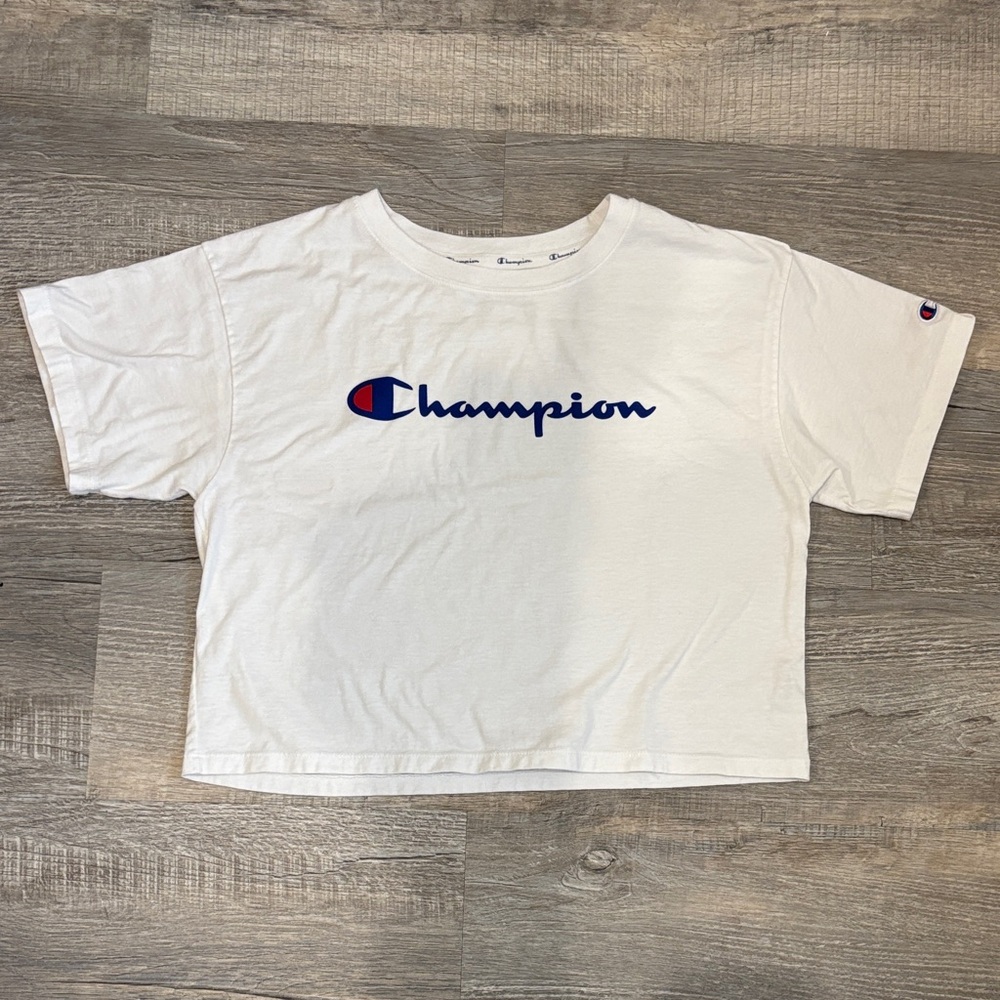 Champion White Crop Top with Blue Logo